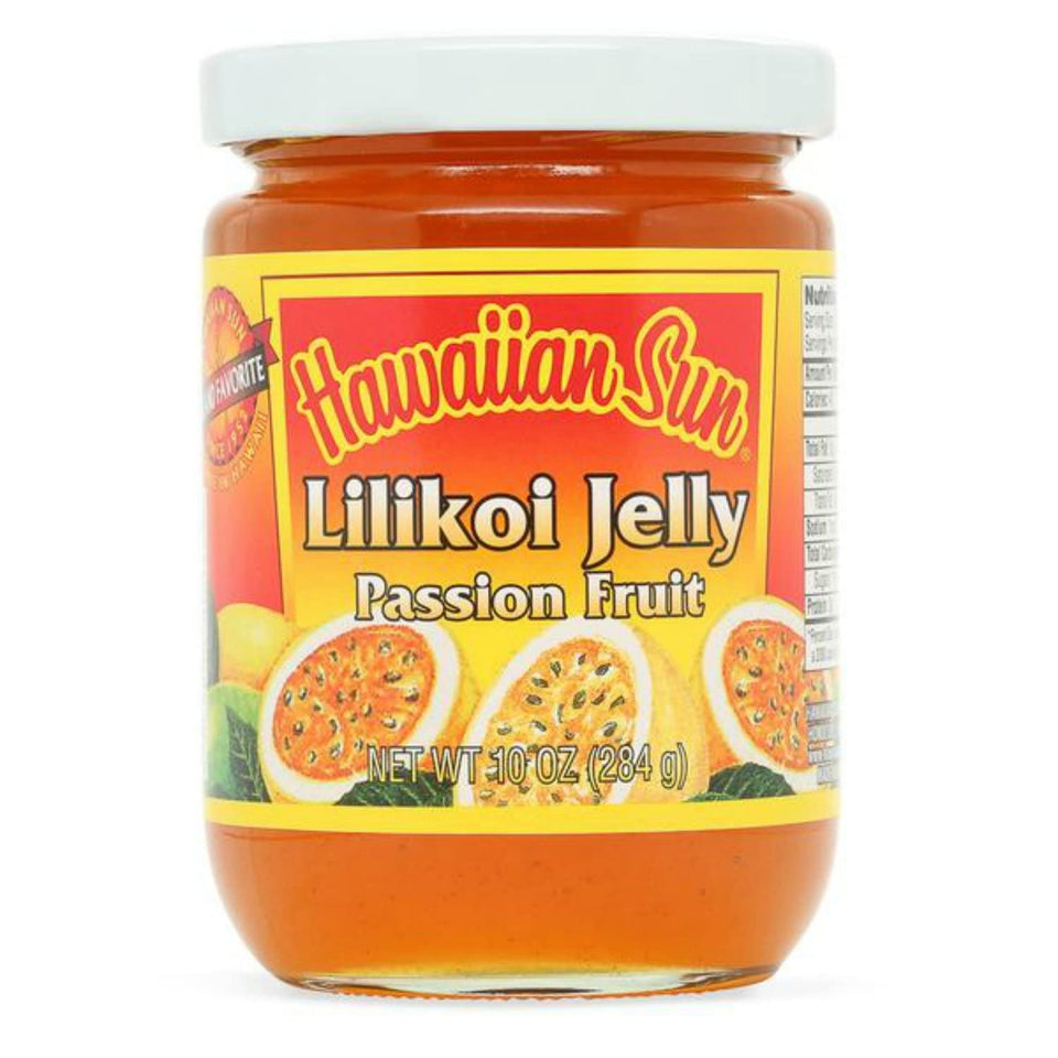 Top view of Hawaiian Sun Lilikoi Jelly jar highlighting authentic passion fruit flavor for breakfasts.