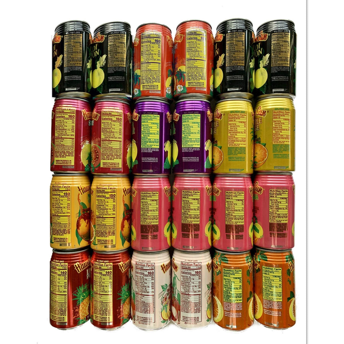 Hawaiian Sun assorted tropical juice cans arranged for a beach party table
