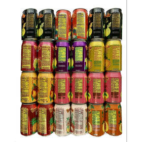 Hawaiian Sun assorted tropical juice cans arranged for a beach party table