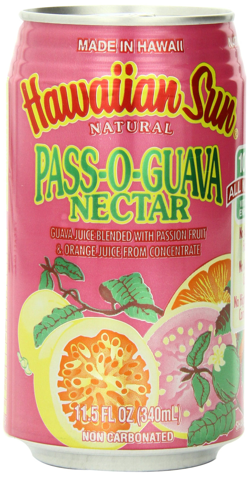 Hawaiian Sun Pass-O-Guava can closeup showing refreshing tropical flavor for on-the-go enjoyment.