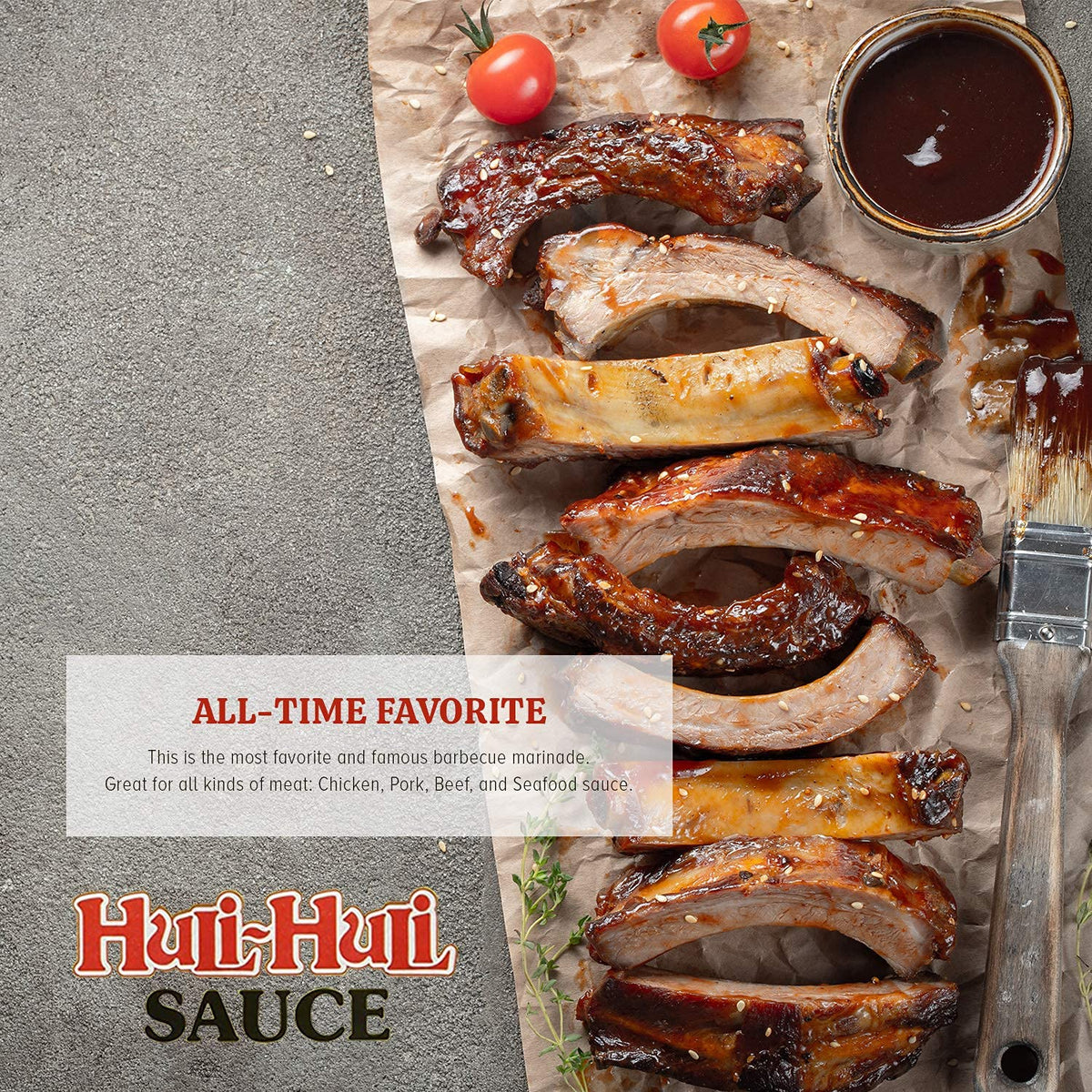 Close-up of Hawaii's Famous Huli-Huli Sauce label highlighting spices.