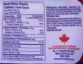 Close-up of Hawkins Cheezies 8-bag Snak-Pak shows crunchy cheese flavor, ideal for quick snacks.