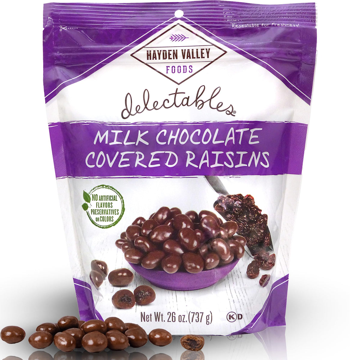 Hayden Valley Foods milk chocolate covered raisins bag front—great for sharing.