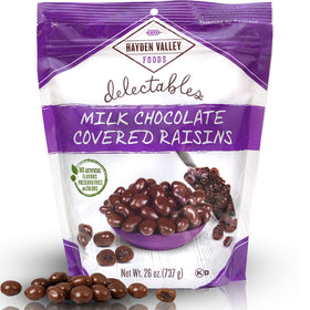 Hayden Valley Foods milk chocolate covered raisins bag front—great for sharing.