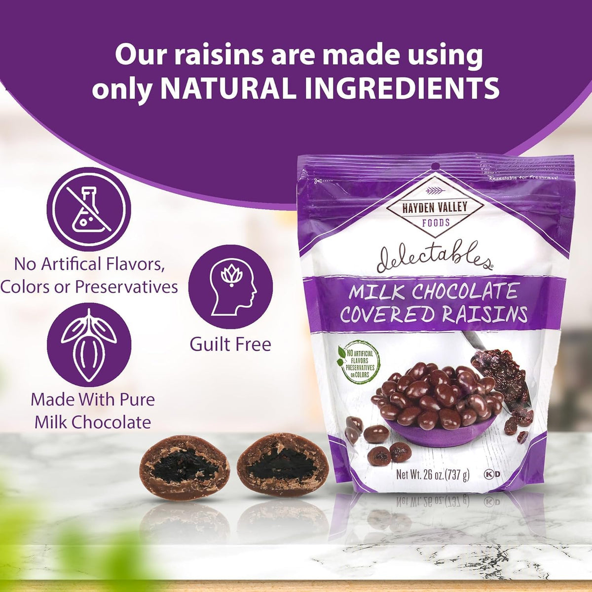 Sealed bag close-up highlights freshness and reseal convenience.