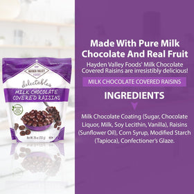 Close-up of Hayden Valley Foods milk chocolate covered raisins—creamy chocolate and chewy fruit.
