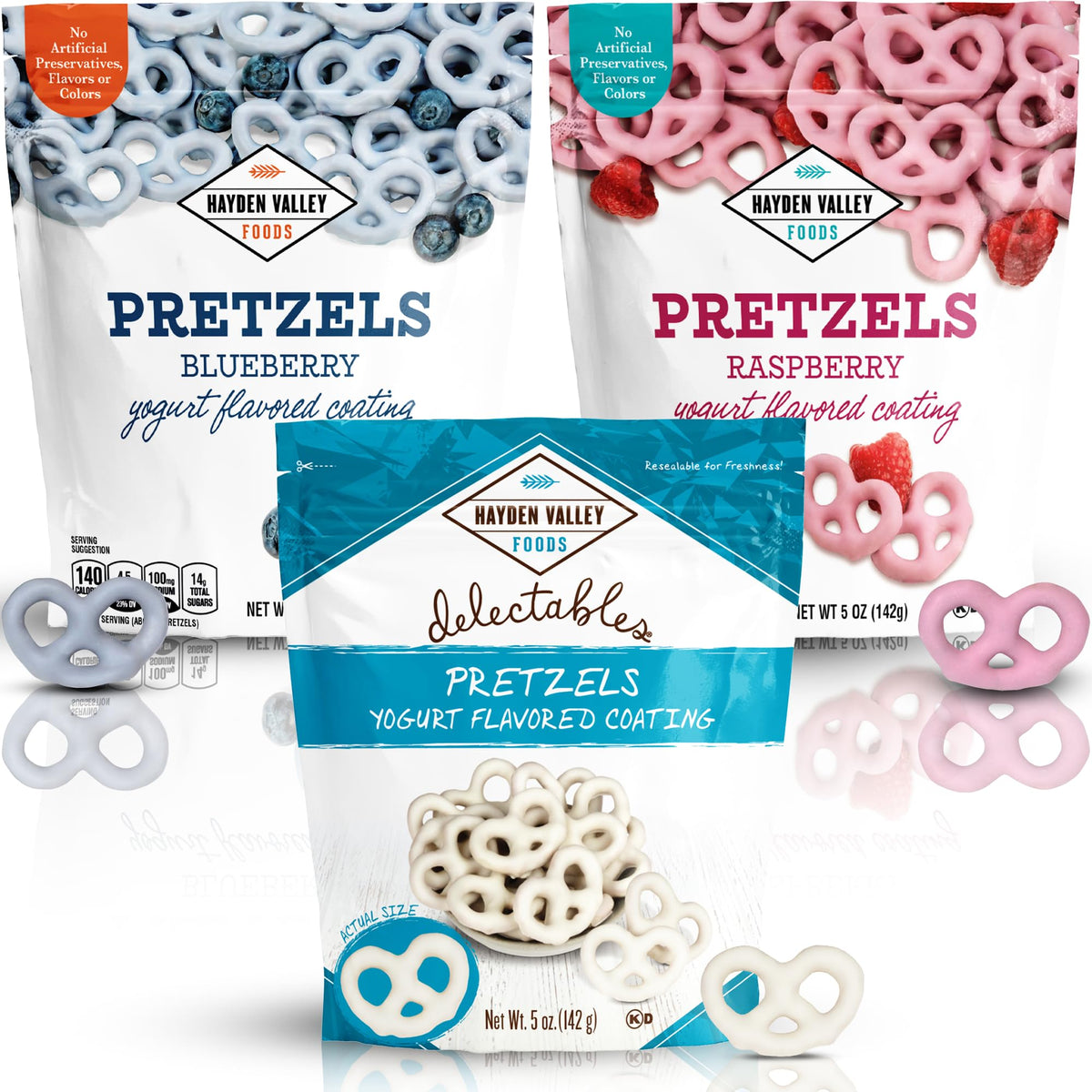 Hayden Valley Foods raspberry yogurt-flavored pretzels close-up, vibrant aroma and crisp bite.