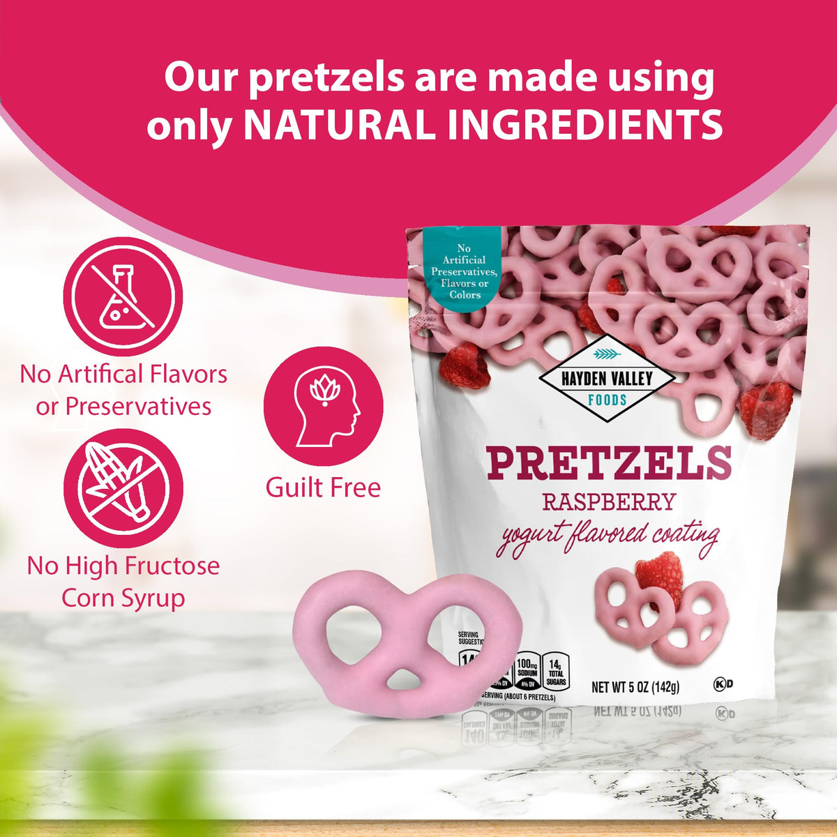 Hayden Valley Foods vanilla yogurt-coated pretzels, smooth sweetness and satisfying crunch.