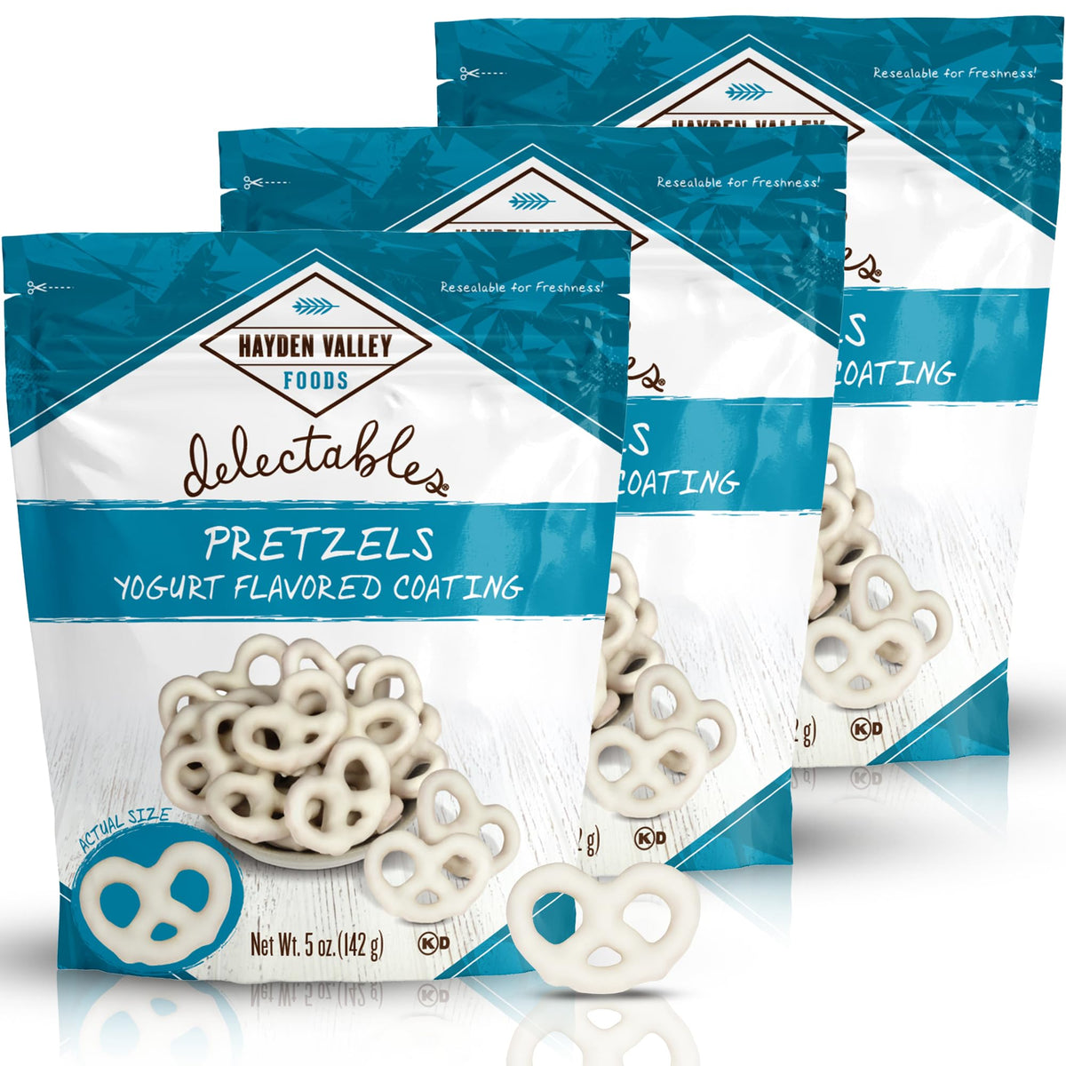 Hayden Valley Foods Vanilla Yogurt Covered Pretzels 3-pack, ideal for sharing and on-the-go snacking.