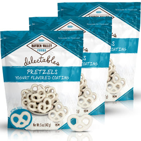 Hayden Valley Foods Vanilla Yogurt Covered Pretzels 3-pack, ideal for sharing and on-the-go snacking.