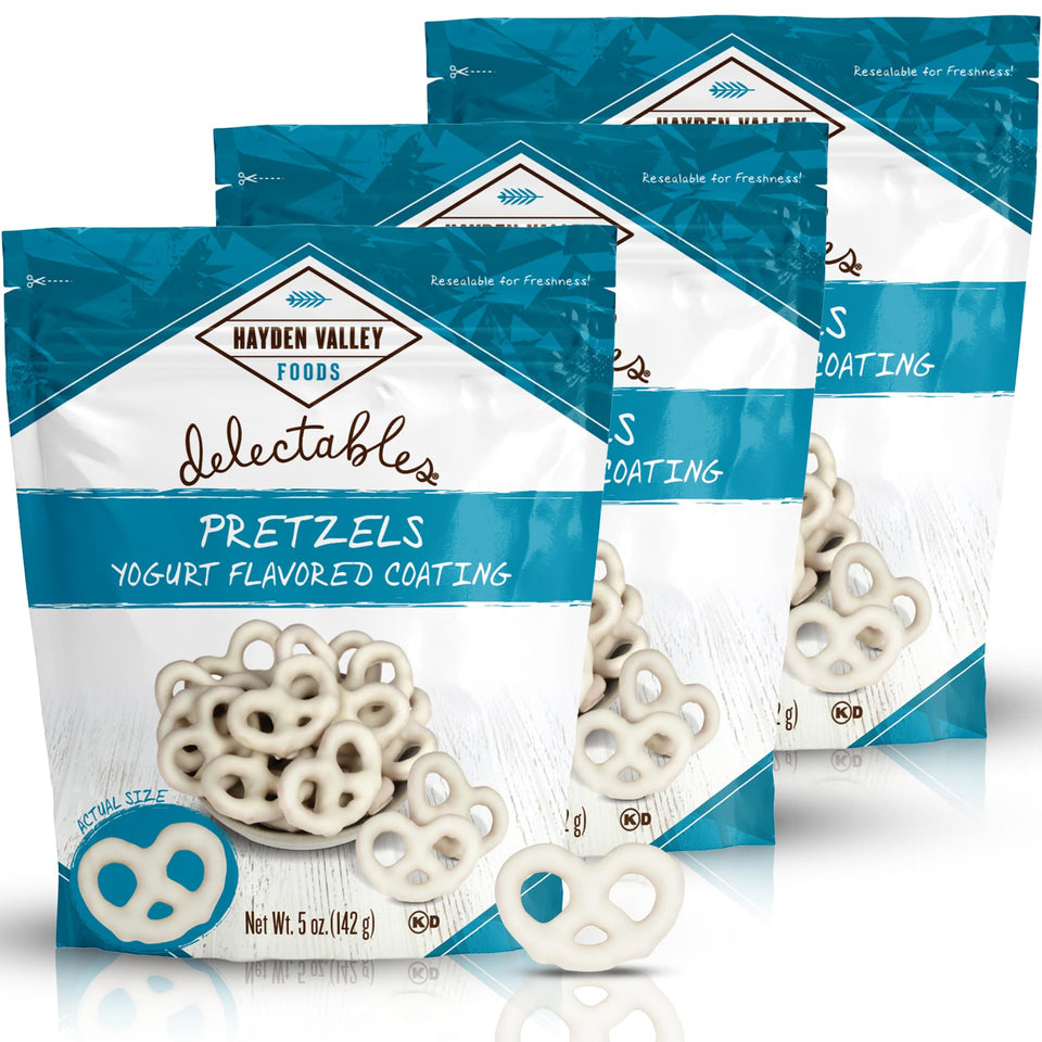 Hayden Valley Foods Vanilla Yogurt Covered Pretzels 3-pack, ideal for sharing and on-the-go snacking.