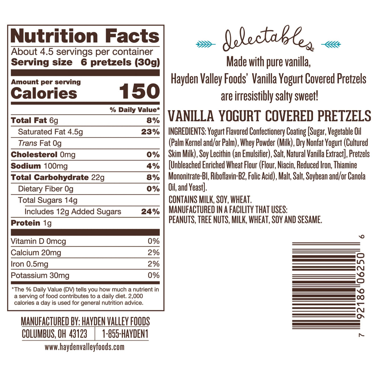 Close-up of Hayden Valley Foods Vanilla Yogurt Covered Pretzels bag showing creamy coating.