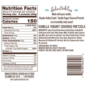 Close-up of Hayden Valley Foods Vanilla Yogurt Covered Pretzels bag showing creamy coating.