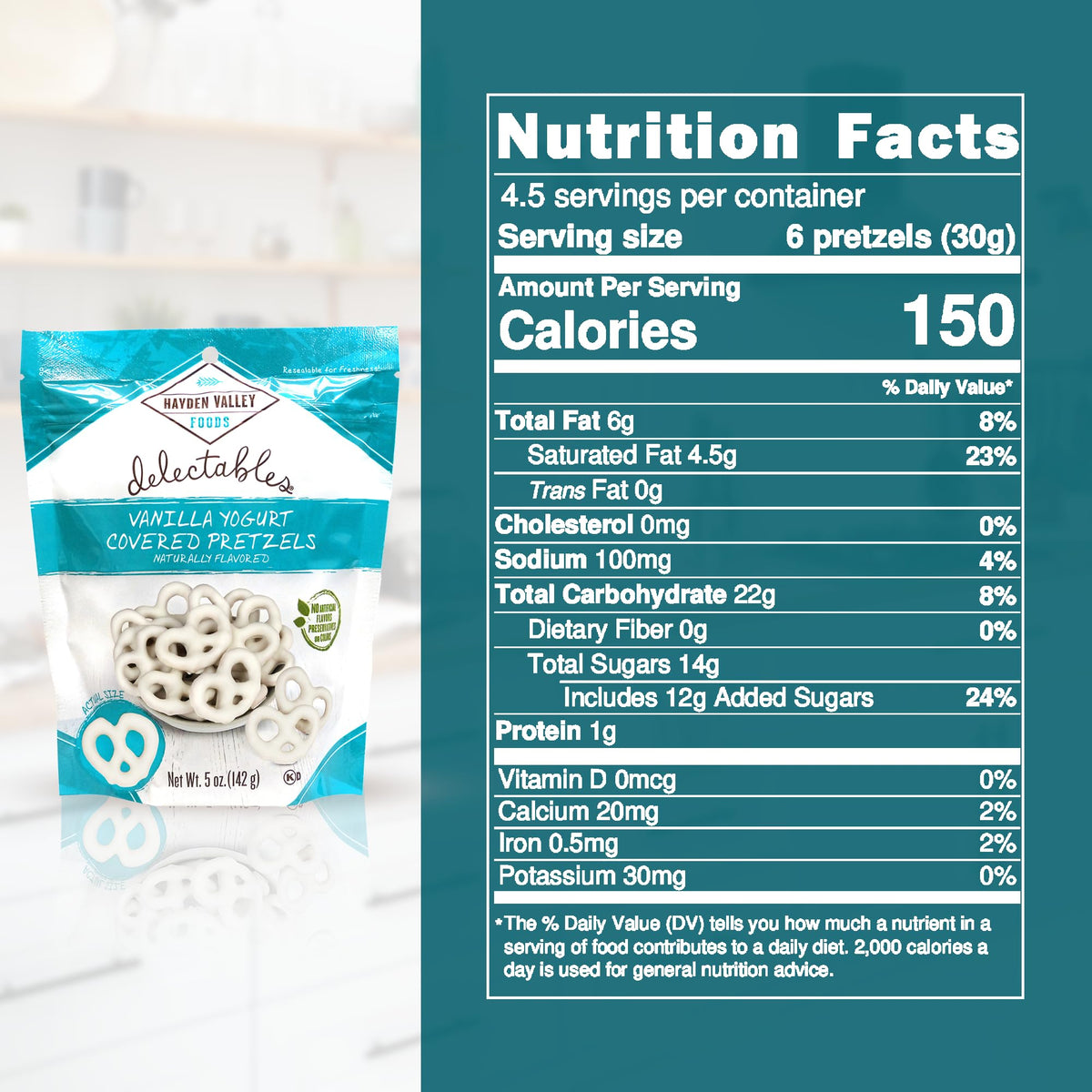 Ingredients snapshot of Hayden Valley Foods Vanilla Yogurt Covered Pretzels with simple, clean components.