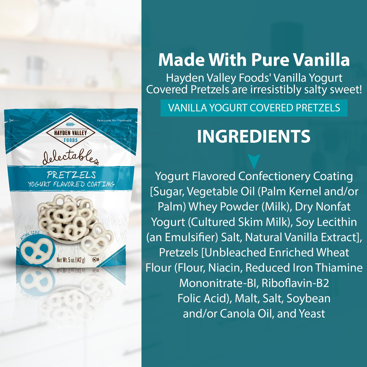 Outdoor scene with Hayden Valley Foods Vanilla Yogurt Covered Pretzels, pack-ready snack for travel.