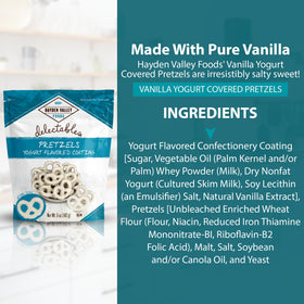 Outdoor scene with Hayden Valley Foods Vanilla Yogurt Covered Pretzels, pack-ready snack for travel.