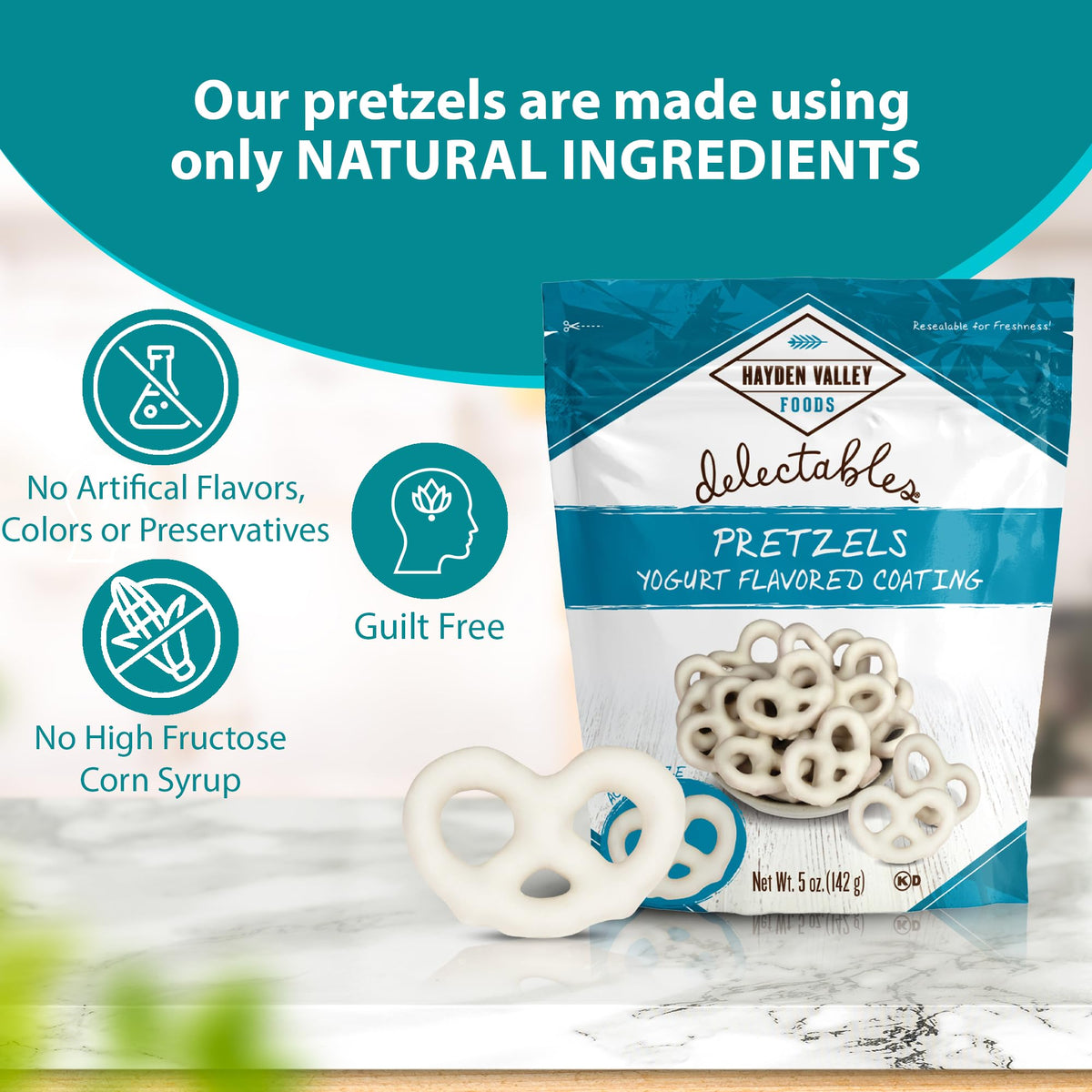 Sealed bag of Hayden Valley Foods Vanilla Yogurt Covered Pretzels preserves freshness.