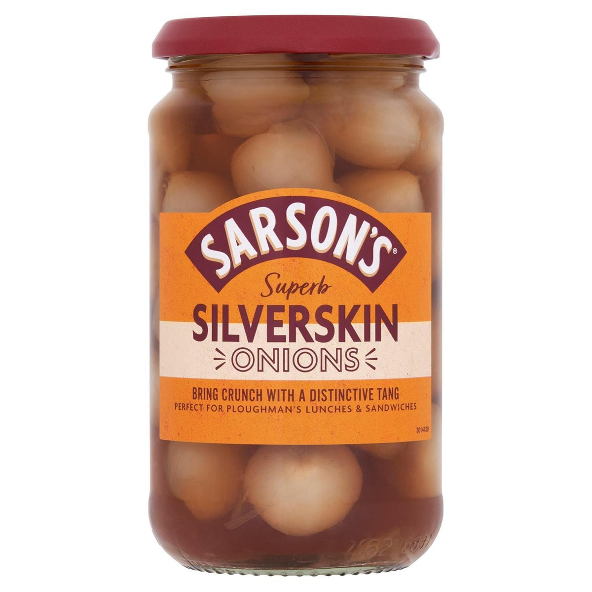 Haywards Sarsons silverskin onions in 460g pack, ideal for cheese boards.