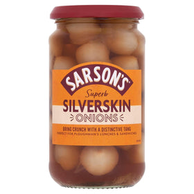 Haywards Sarsons silverskin onions in 460g pack, ideal for cheese boards.