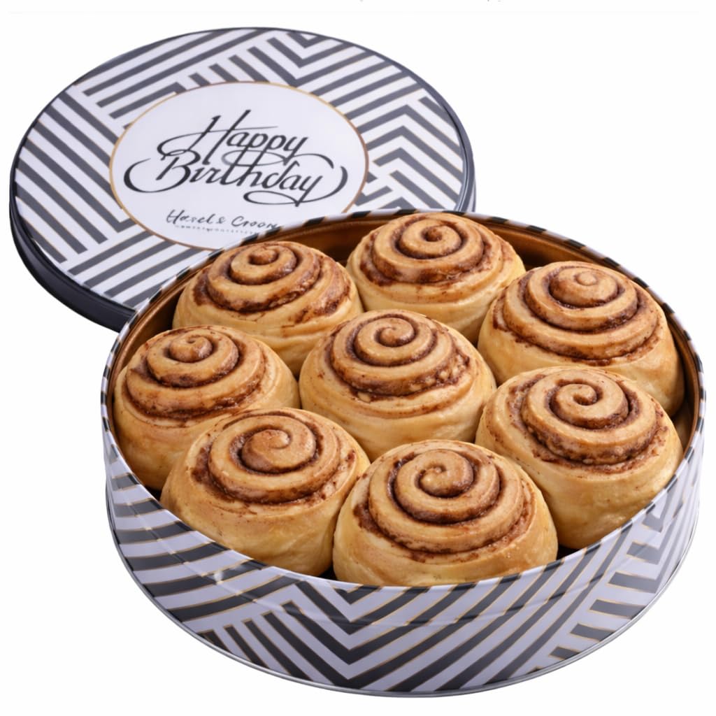 Hazel & Creme Birthday Cinnamon Rolls in gift tin, soft baked and ready to share.