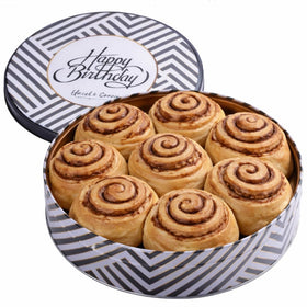 Hazel & Creme Birthday Cinnamon Rolls in gift tin, soft baked and ready to share.