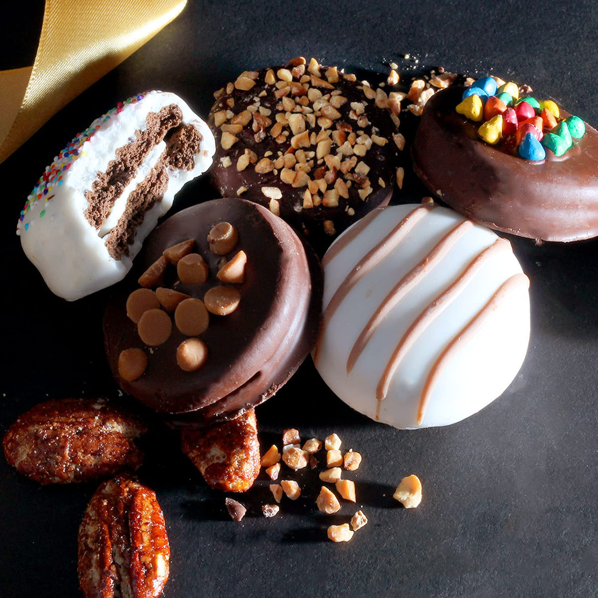 Hazel & Creme double creamed cookies close-up highlighting velvety texture and toppings.