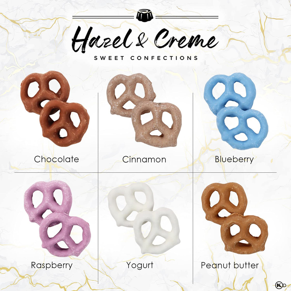 Hazel & Creme flavored pretzels closeup highlighting vibrant coatings and aroma.