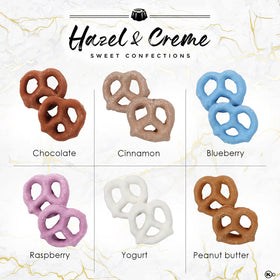 Hazel & Creme flavored pretzels closeup highlighting vibrant coatings and aroma.