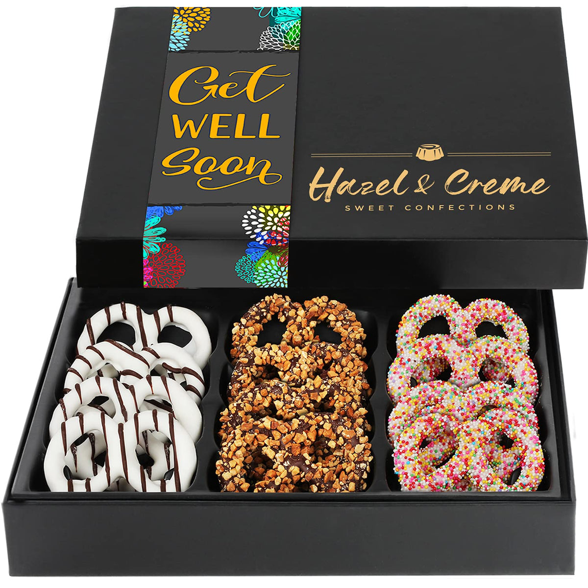 Hazel and Creme Get Well Pretzels box with chocolate-dipped toppings for gifting moments