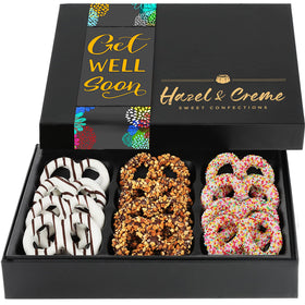 Hazel and Creme Get Well Pretzels box with chocolate-dipped toppings for gifting moments