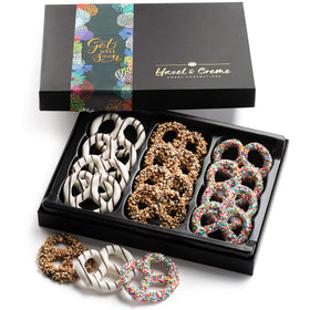 Hazel and Creme Gourmet Gift Basket featuring premium pretzels arranged for celebrations