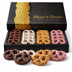 Hazel and Creme Mother's Day gift box front view with gourmet pretzels, ideal for gifting.