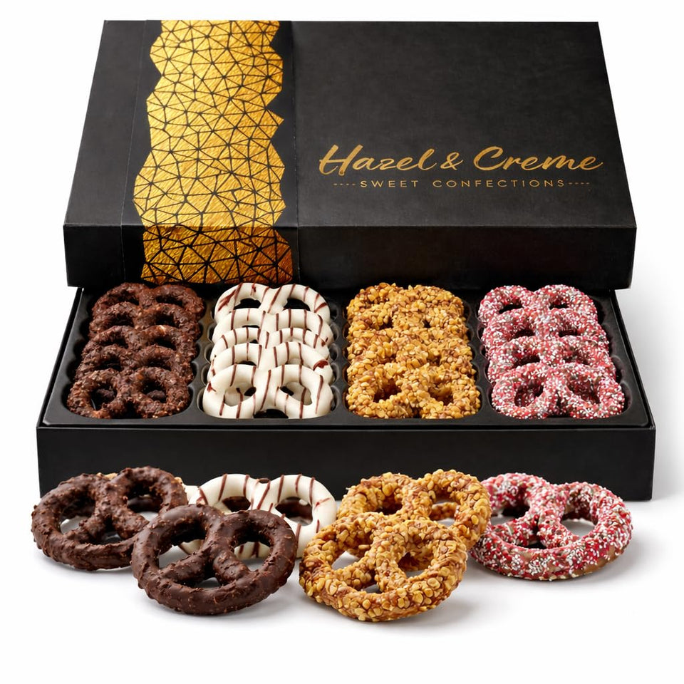 Hazel and Creme Mother's Day gift box front view with gourmet pretzels, ideal for gifting.