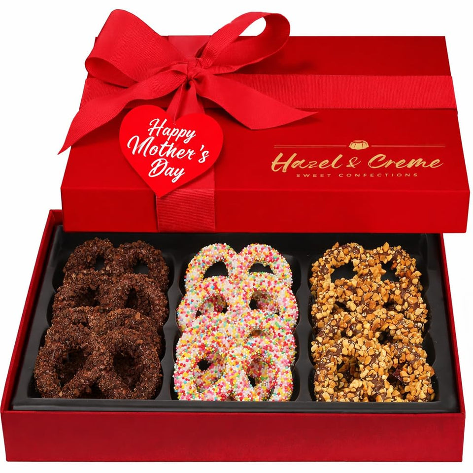Hazel & Creme Mother's Day gift box with premium dark chocolate pretzels for a refined celebration.