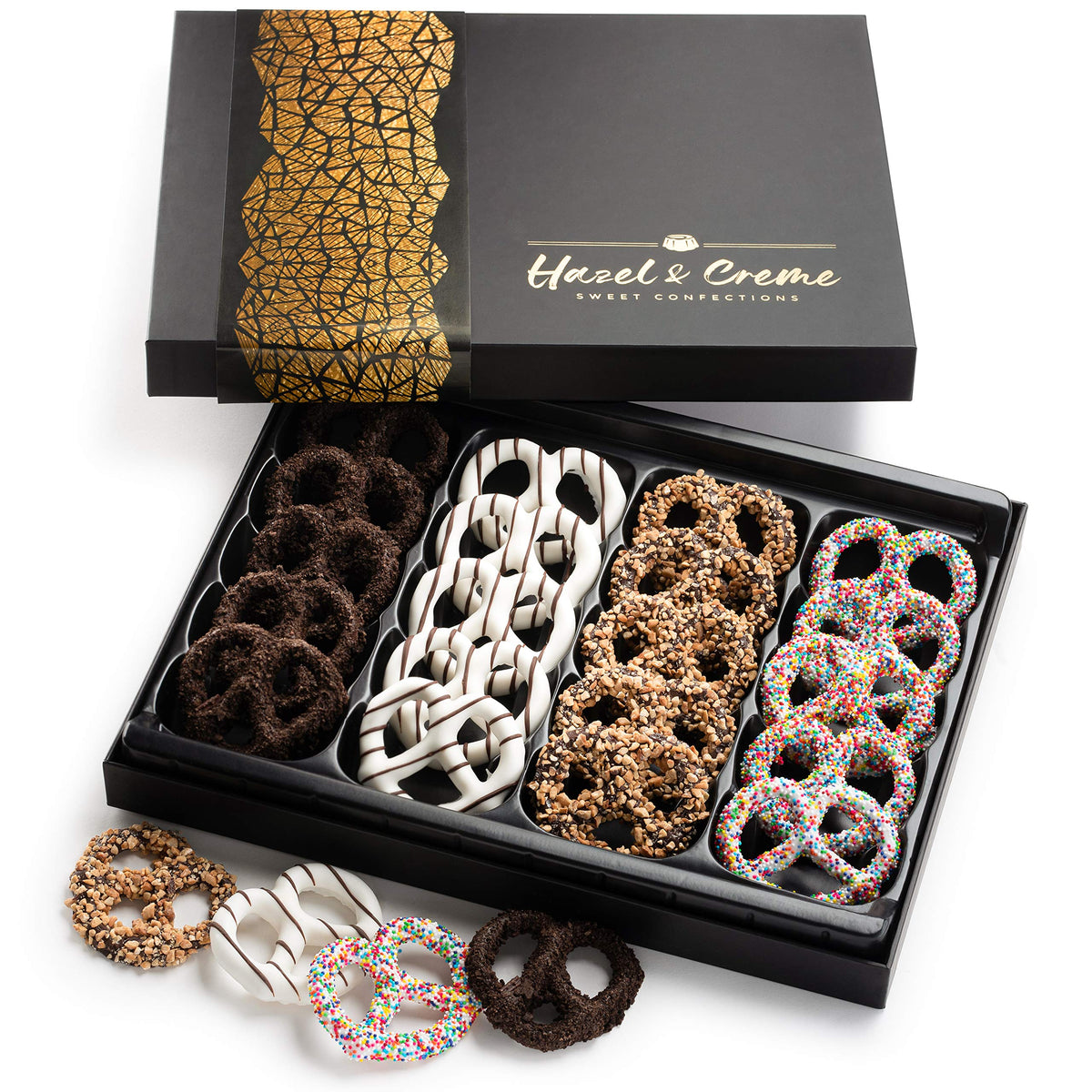 Hazel and Creme assorted pretzels close-up showing four flavors, ideal for celebrations.