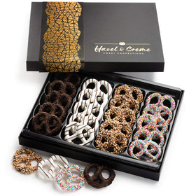 Hazel and Creme assorted pretzels close-up showing four flavors, ideal for celebrations.