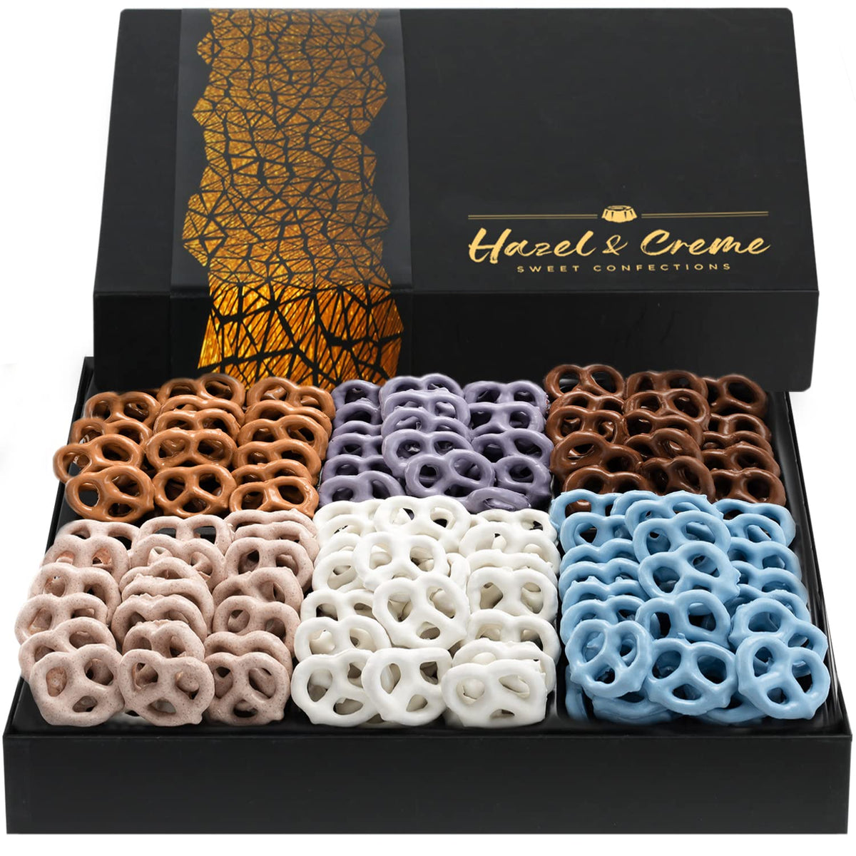 Hazel & Creme Yogurt Pretzel Gift Box front view showcasing premium flavors for gifting.