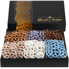 Hazel & Creme Yogurt Pretzel Gift Box front view showcasing premium flavors for gifting.