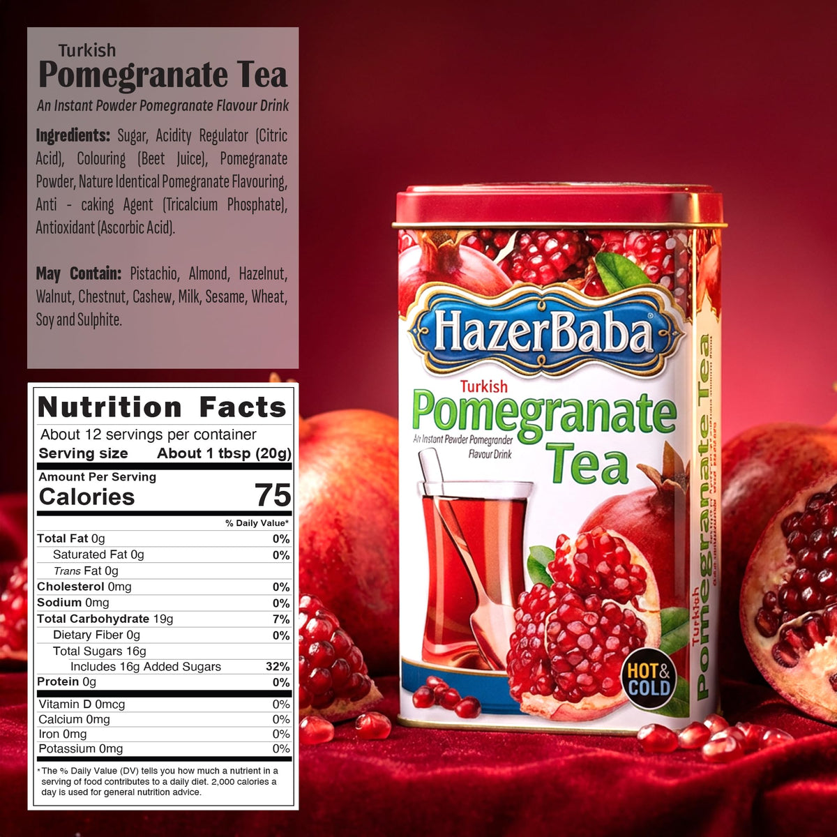 HazerBaba pomegranate powder being poured into a glass for quick mix.