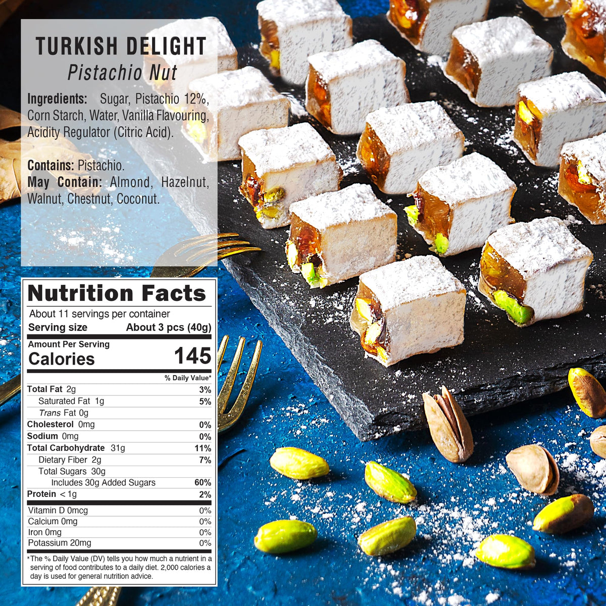 HazerBaba Turkish Delight pistachio close-up shows vibrant pistachios and soft candy
