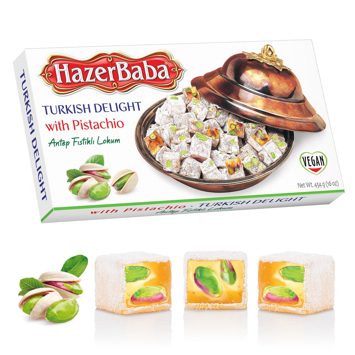 HazerBaba Turkish Delight pistachio packaging highlighting premium gift appeal