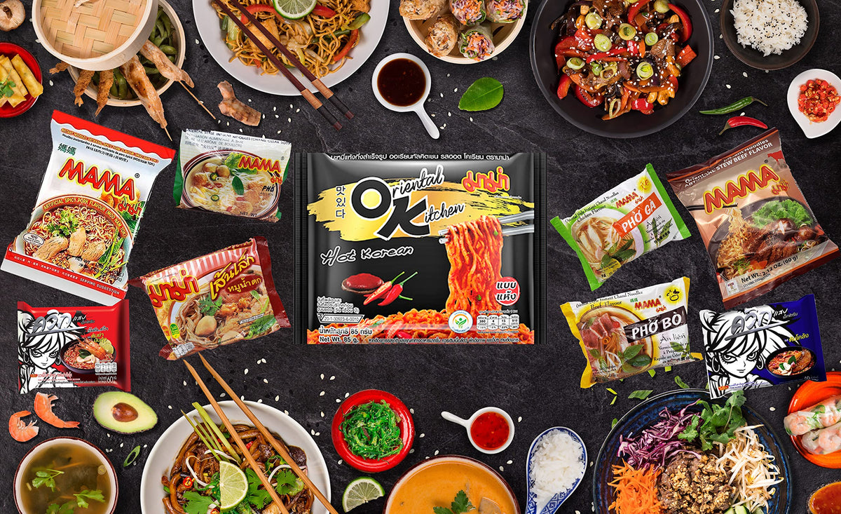 HCG Thai ramen flavors tom yum and pork variety in bright packaging.