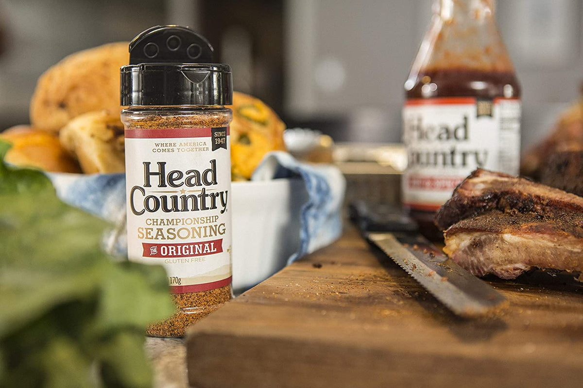 Head Country BBQ setup on grill shows rich aroma and color.
