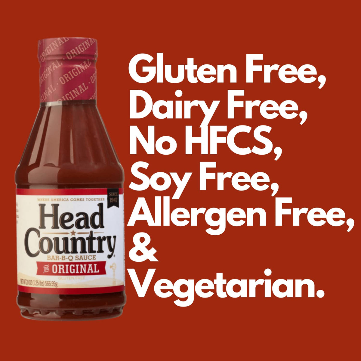 Head Country Original BBQ Sauce label detail showing premium ingredients and allergen-free promise.