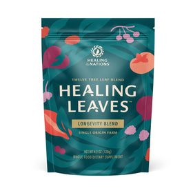 Healing Leaves Tea bottle pour shows a caffeine-free daily option with potential digestive support.