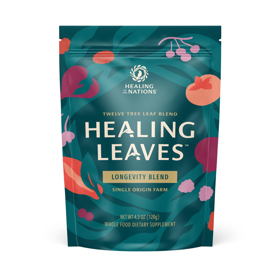 Healing Leaves Tea bottle pour shows a caffeine-free daily option with potential digestive support.