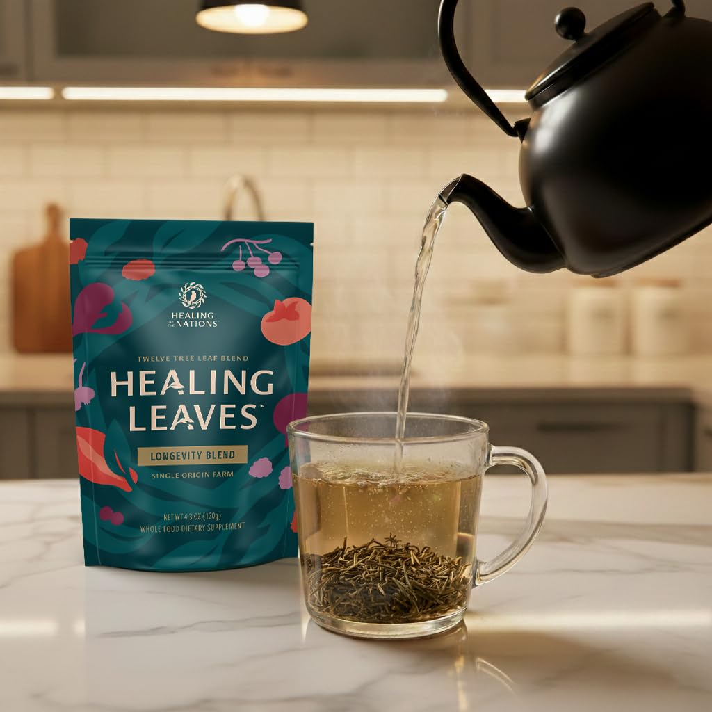 Healing Leaves Tea packaging eco highlights sustainable, non-GMO origins of the blend.