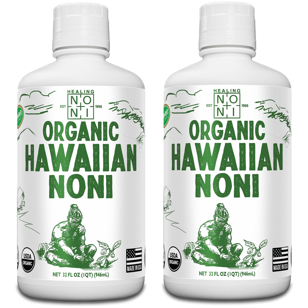 Healing Noni 2-pack bottle front shows pure Hawaiian noni juice for daily vitality.