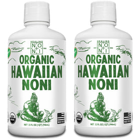 Healing Noni 2-pack bottle front shows pure Hawaiian noni juice for daily vitality.