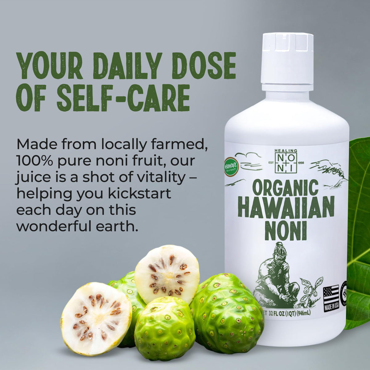 Healing Noni 2-pack bottle side emphasizes convenient 32oz size for multi-day use.